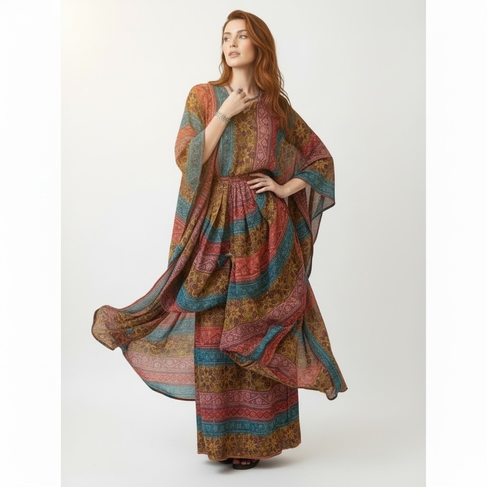 Boho Kaftan and Maxi Skirt Set Upcycled Vintage 70s One Size Fits Up to 3XL - Picture 16 of 16